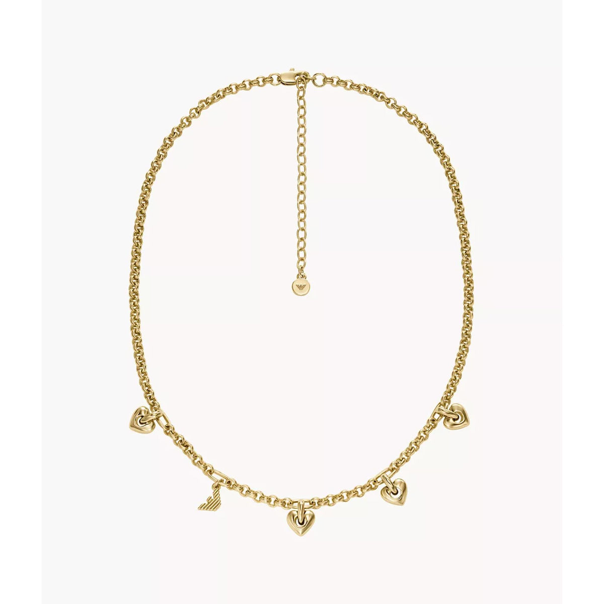 Full layflat view of Emporio Armani womens gold tone brass pendant necklace EGS3267710 with adjustable chain extension