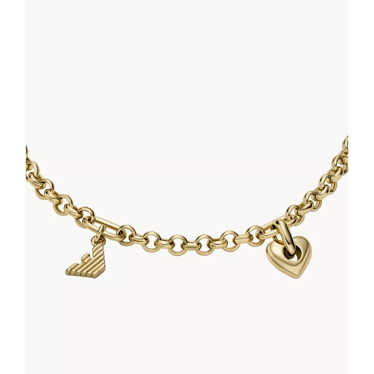 Close-up view of Emporio Armani womens gold tone brass station bracelet EGS3268710 featuring heart charms and eagle logo accents