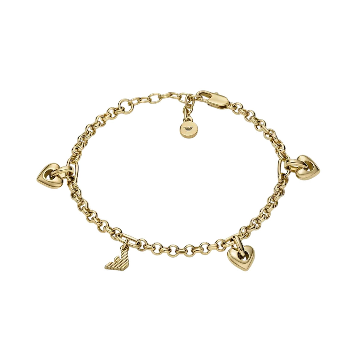 Full layflat view of Emporio Armani womens gold tone brass station bracelet EGS3268710 showing lobster clasp and logo charm