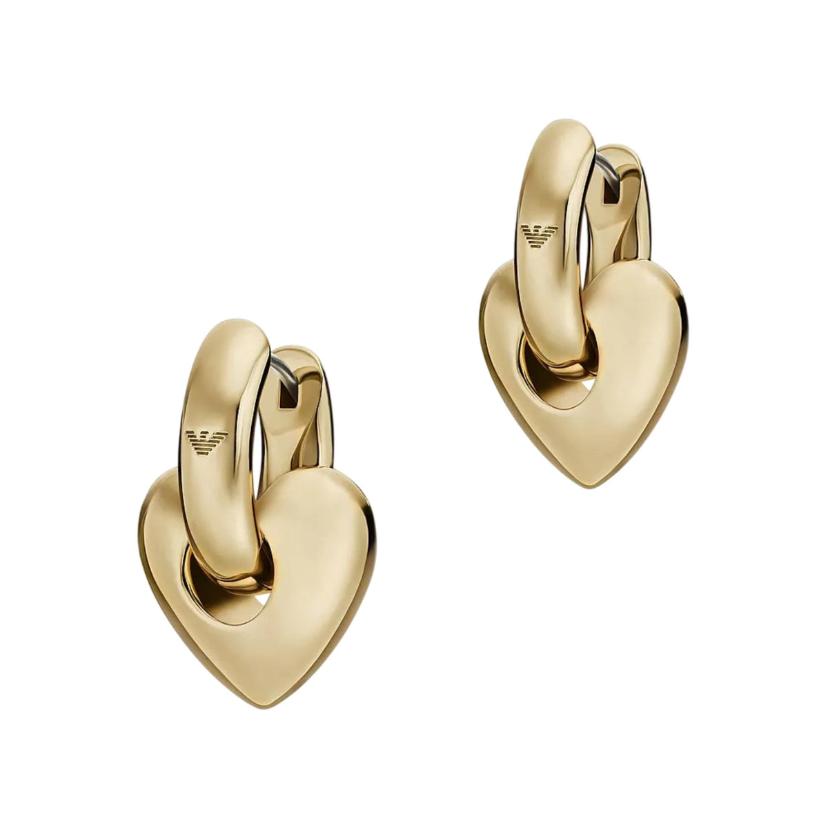 Angled close-up view of Emporio Armani ladies' gold-tone brass hoop earrings EGS3266710 featuring engraved eagle logo and heart drop charms