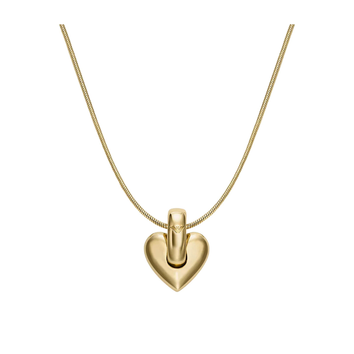 Close-up view of Emporio Armani ladies gold tone brass pendant necklace EGS3265710 showing snake chain with engraved eagle logo heart pendant