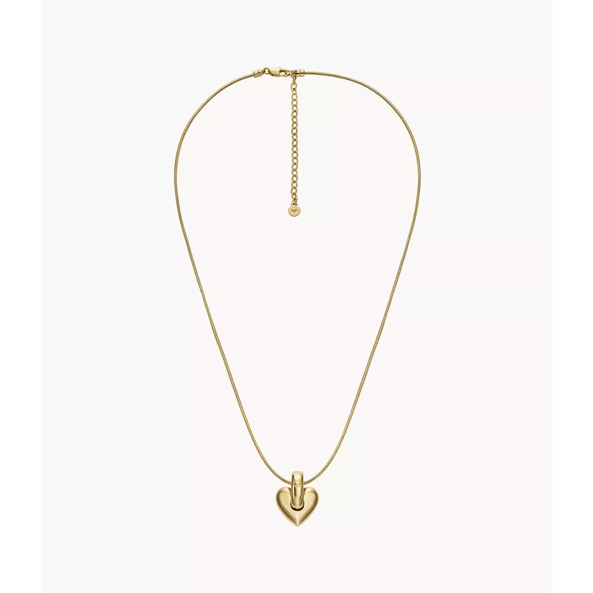 Full view of Emporio Armani womens gold tone brass pendant necklace EGS3265710 with heart charm and snake chain