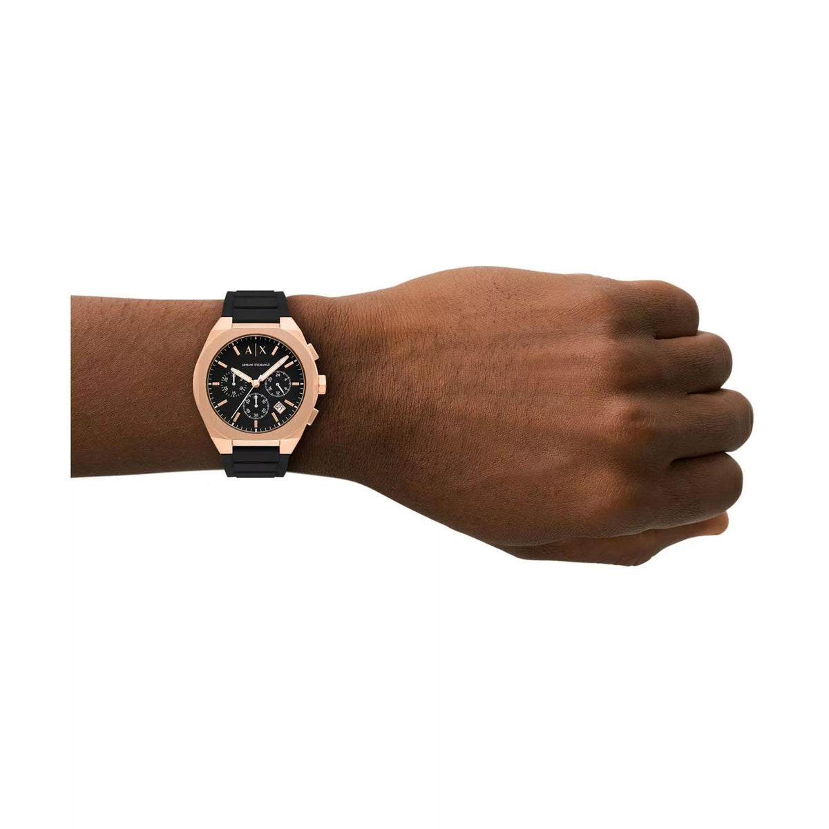Armani Exchange Sync AX4190 lifestyle wrist shot featuring mens black dial watch with a silicone strap