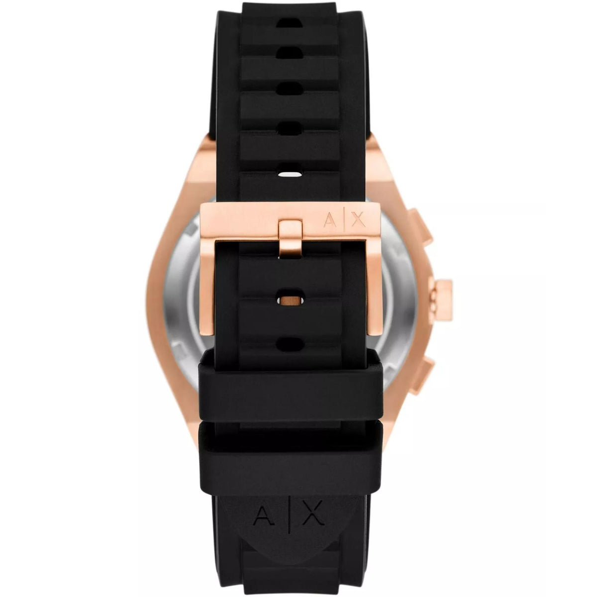Armani Exchange Sync AX4190 back view showing silicone strap buckle engraved with brand logo