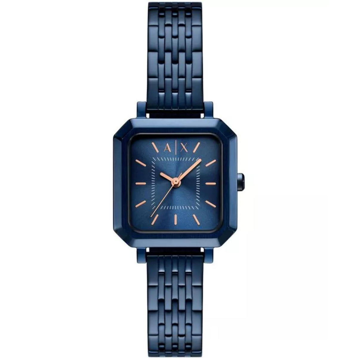 Blue dial quartz ladies wrist watch with octagonal case and blue steel bracelet.