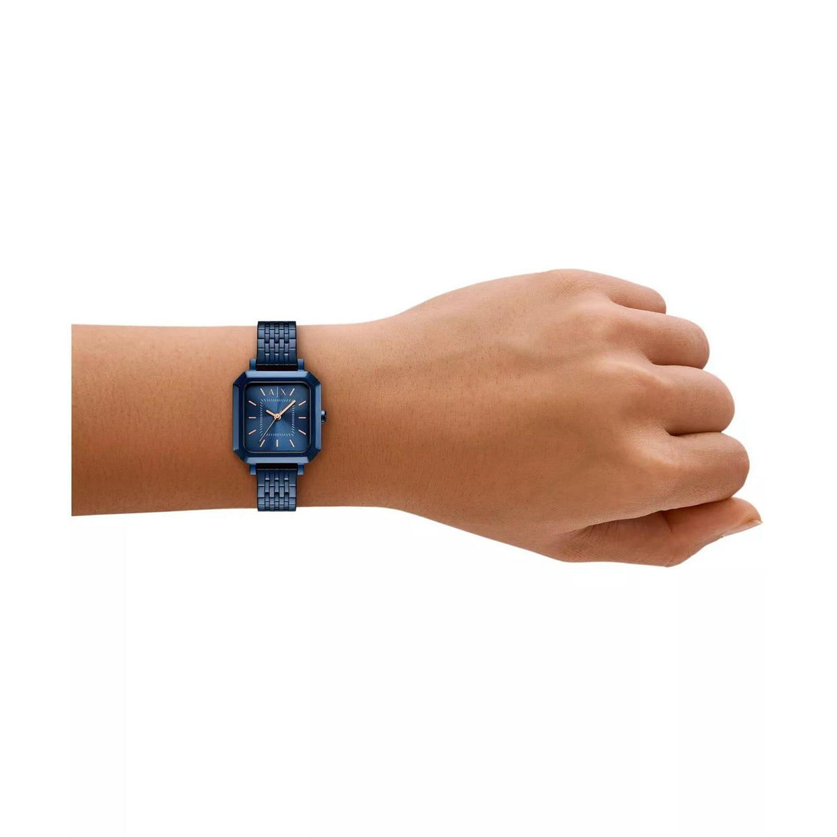 Blue dial ladies wrist watch on blue steel bracelet, worn on wrist.