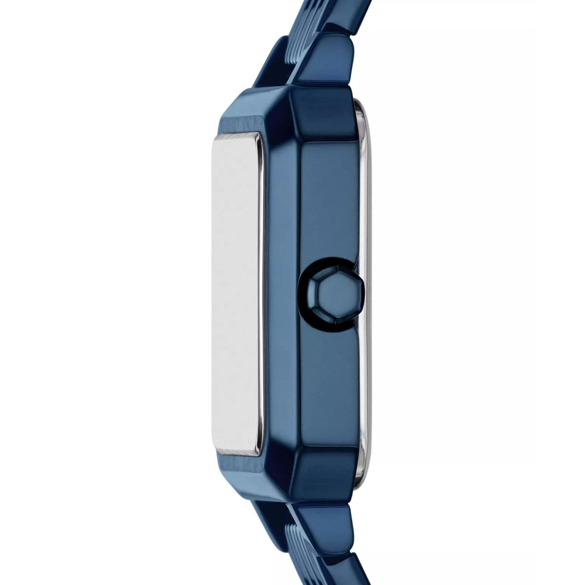 Blue steel wrist watch side profile with crown and link bracelet.