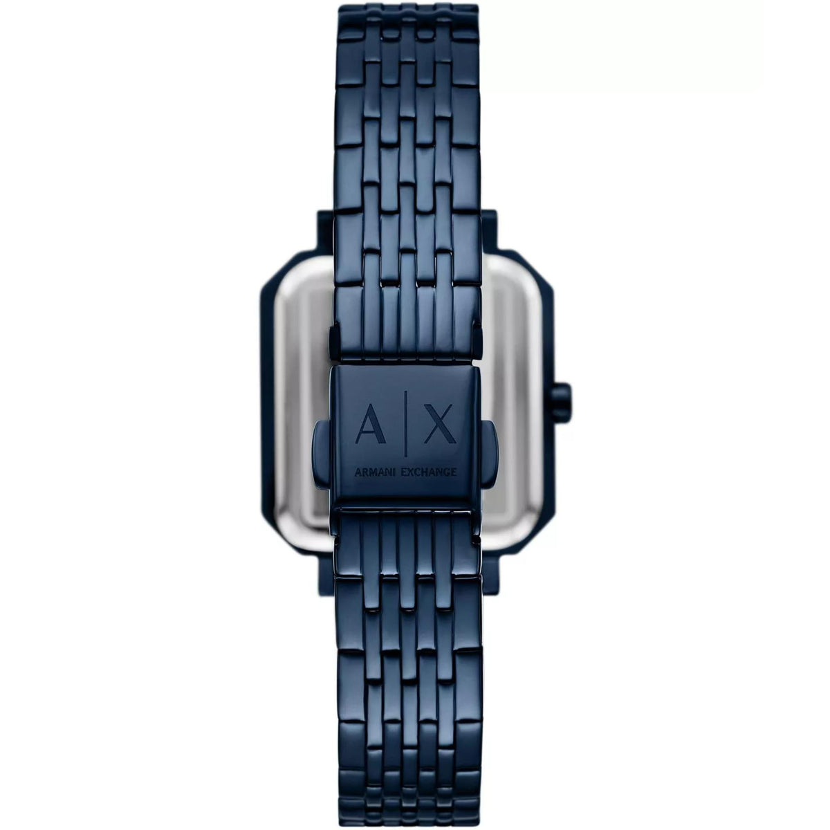 Blue steel ladies wrist watch case back with A|X logo and bracelet links.