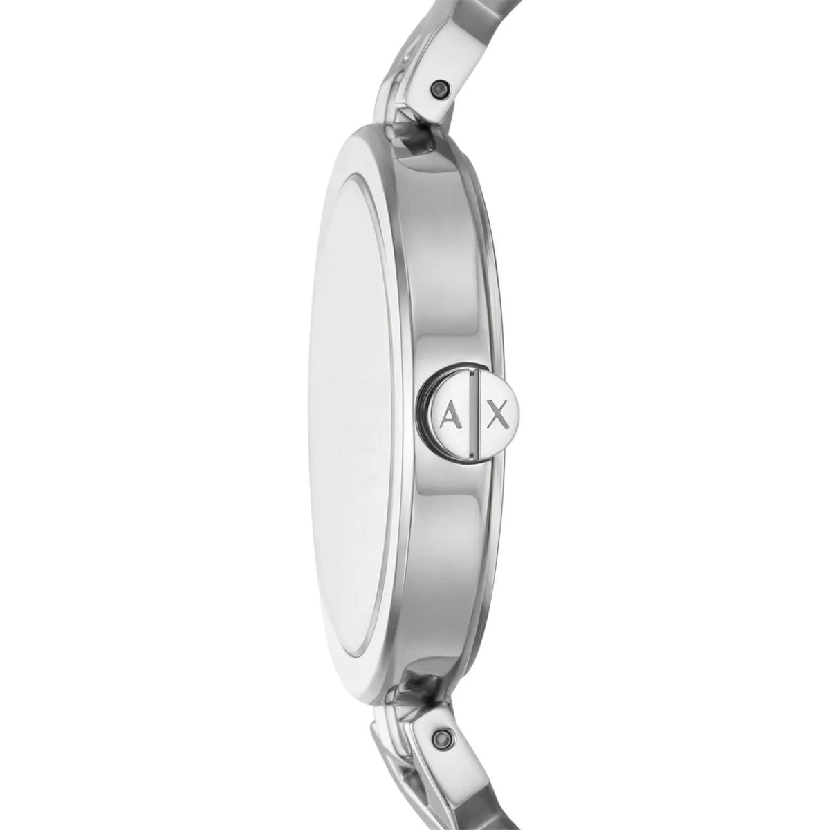 Silver round watch side profile with steel bracelet links and AX dial detail.