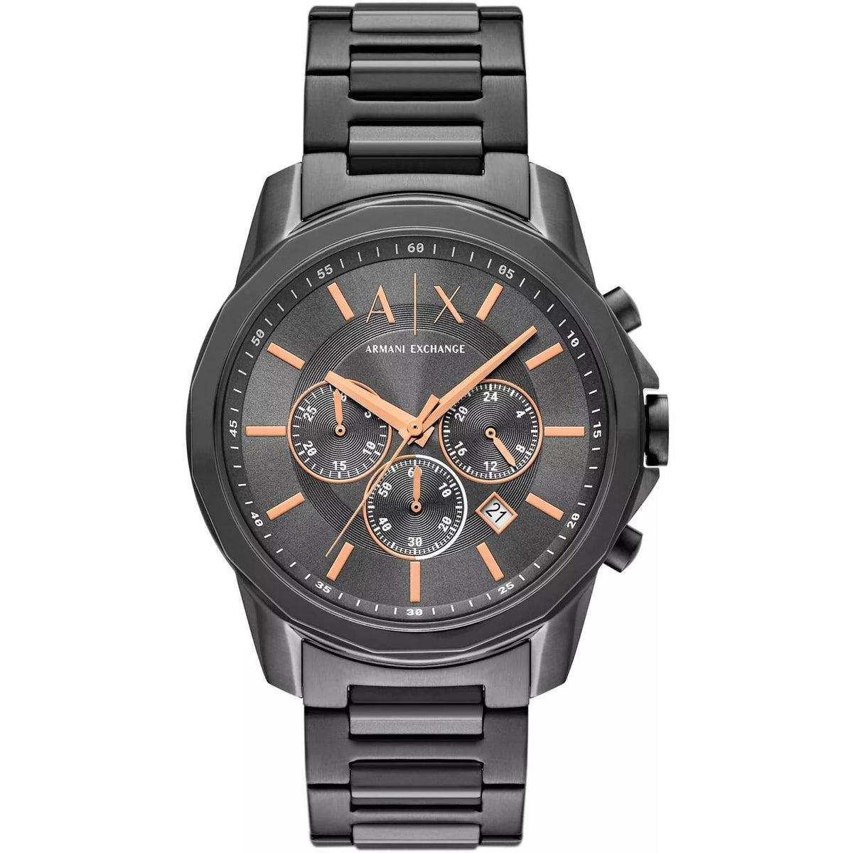 Men's chronograph watch with black steel bracelet, grey dial, three subdials, date window