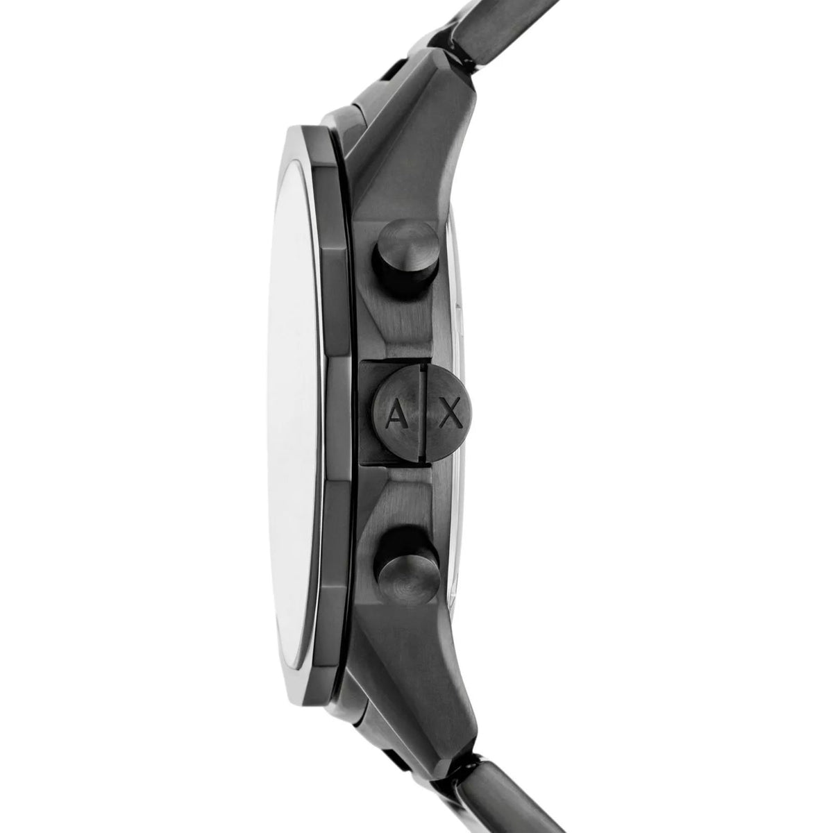 Chronograph watch side view with dark steel case, crown, and pushers; AX logo