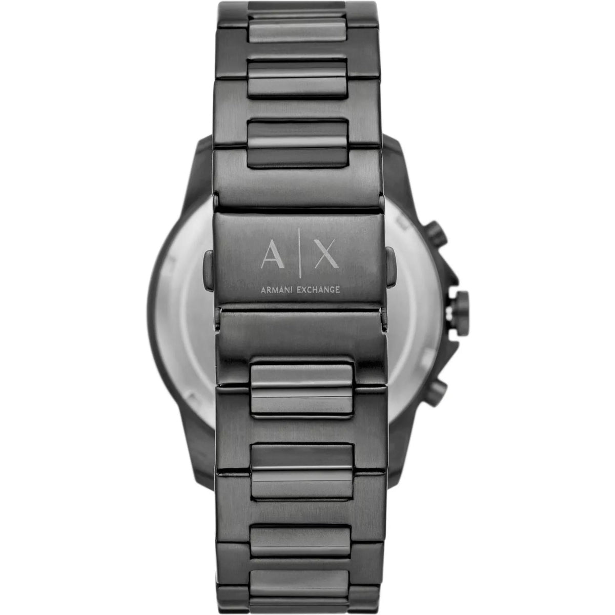 Chronograph watch rear view with dark steel bracelet and AX Armani Exchange markings