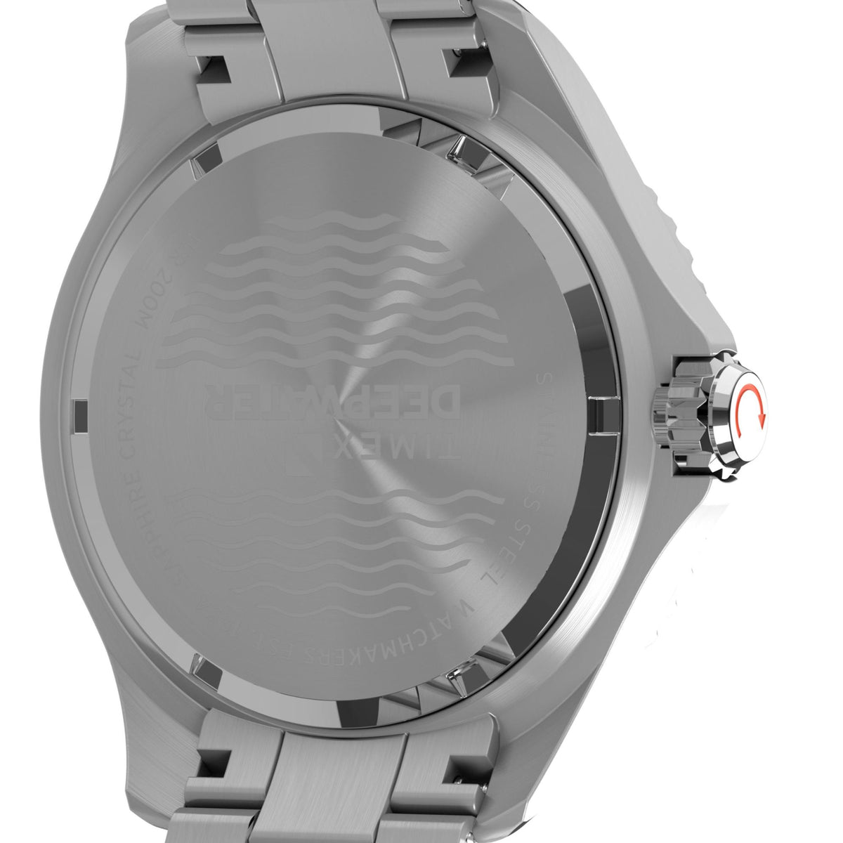 Men's steel diver watch caseback close-up with wavy pattern and crown button