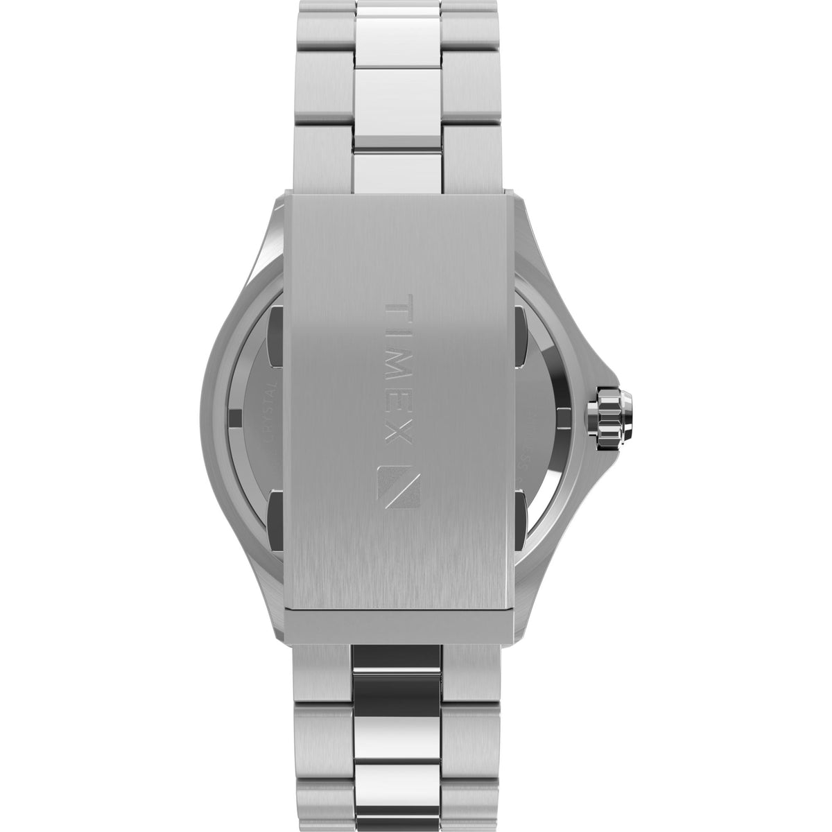 Men's steel diver watch side view with engraved case and crown at right