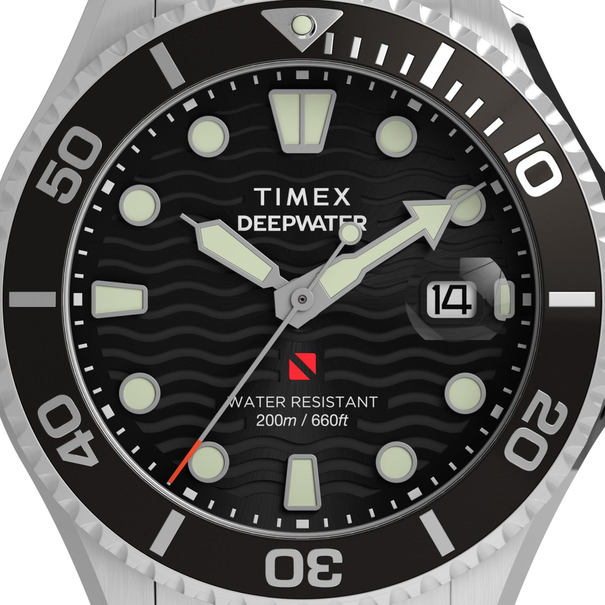 Men's black dial dive watch with steel case, luminous markers, and date window