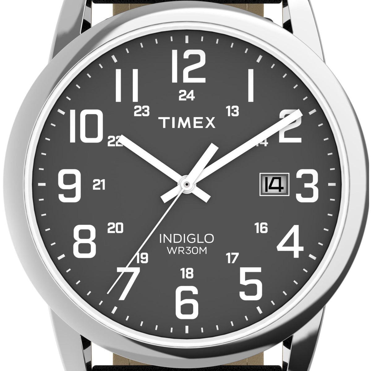 Men's quartz watch face, black dial with white numerals and three hands