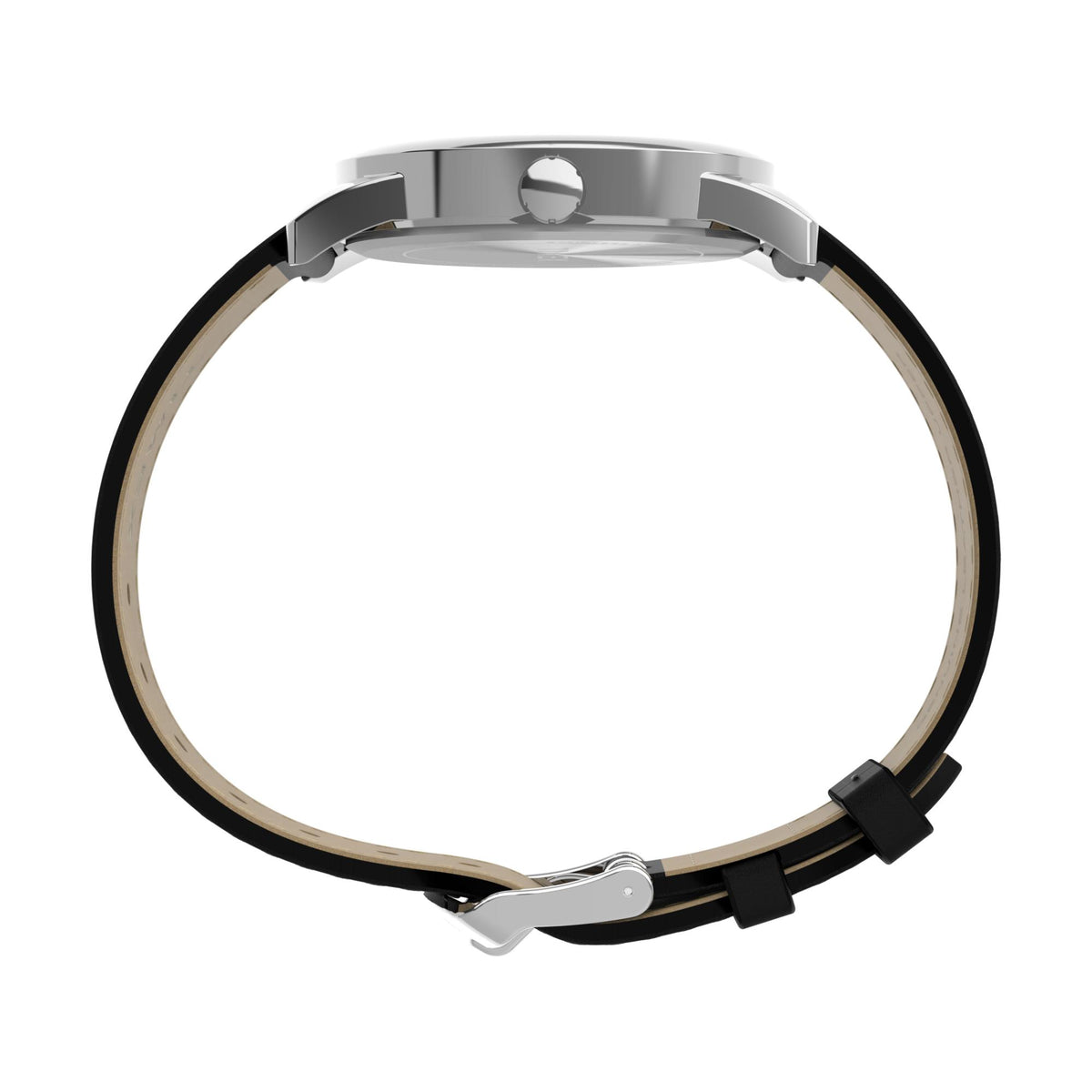 Stainless steel watch case with black leather strap, silver-toned finish