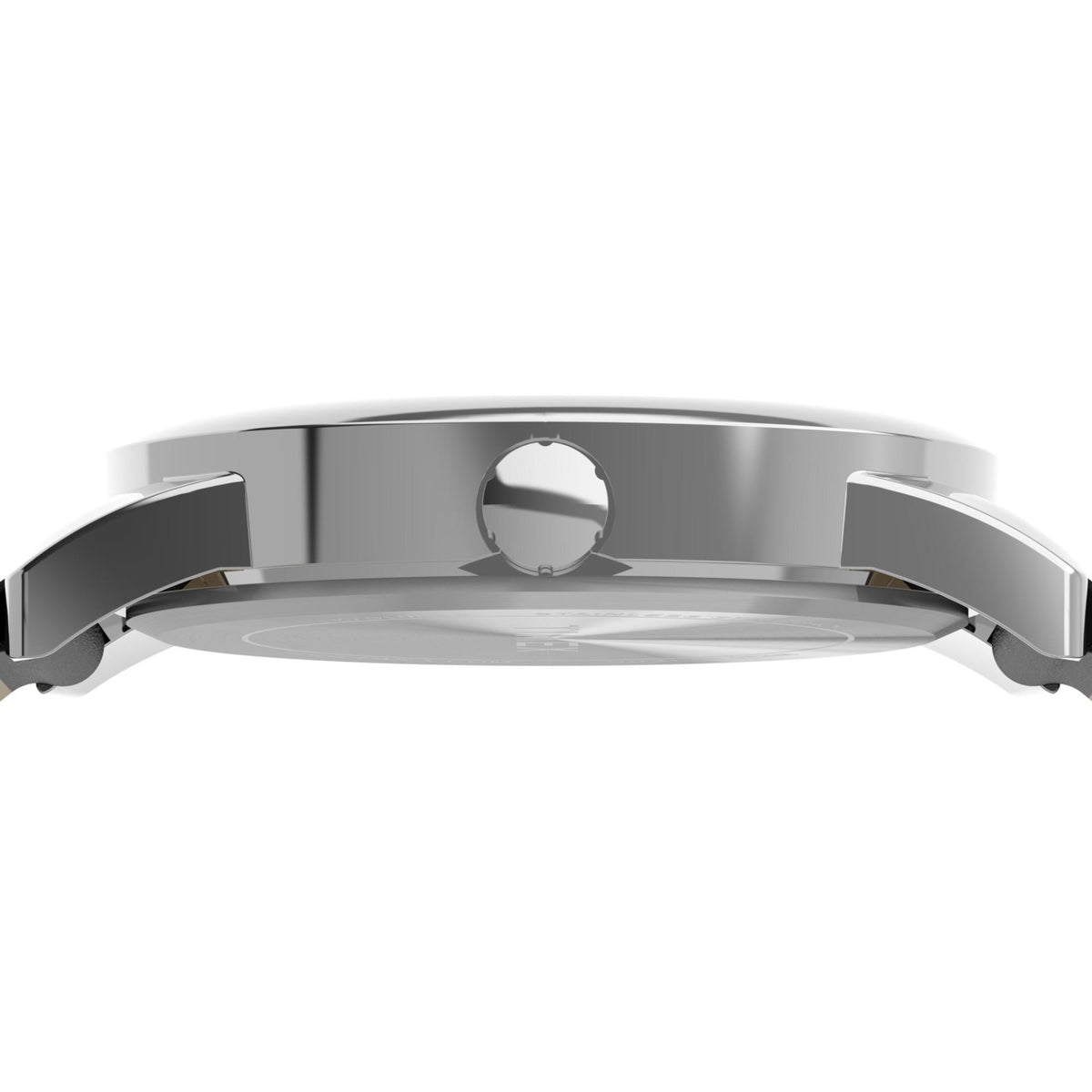 Stainless steel watch crown and case top with black leather strap, silver tone
