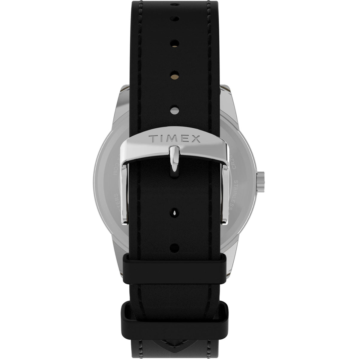 Men's quartz watch with black leather strap, silver case and crown detail