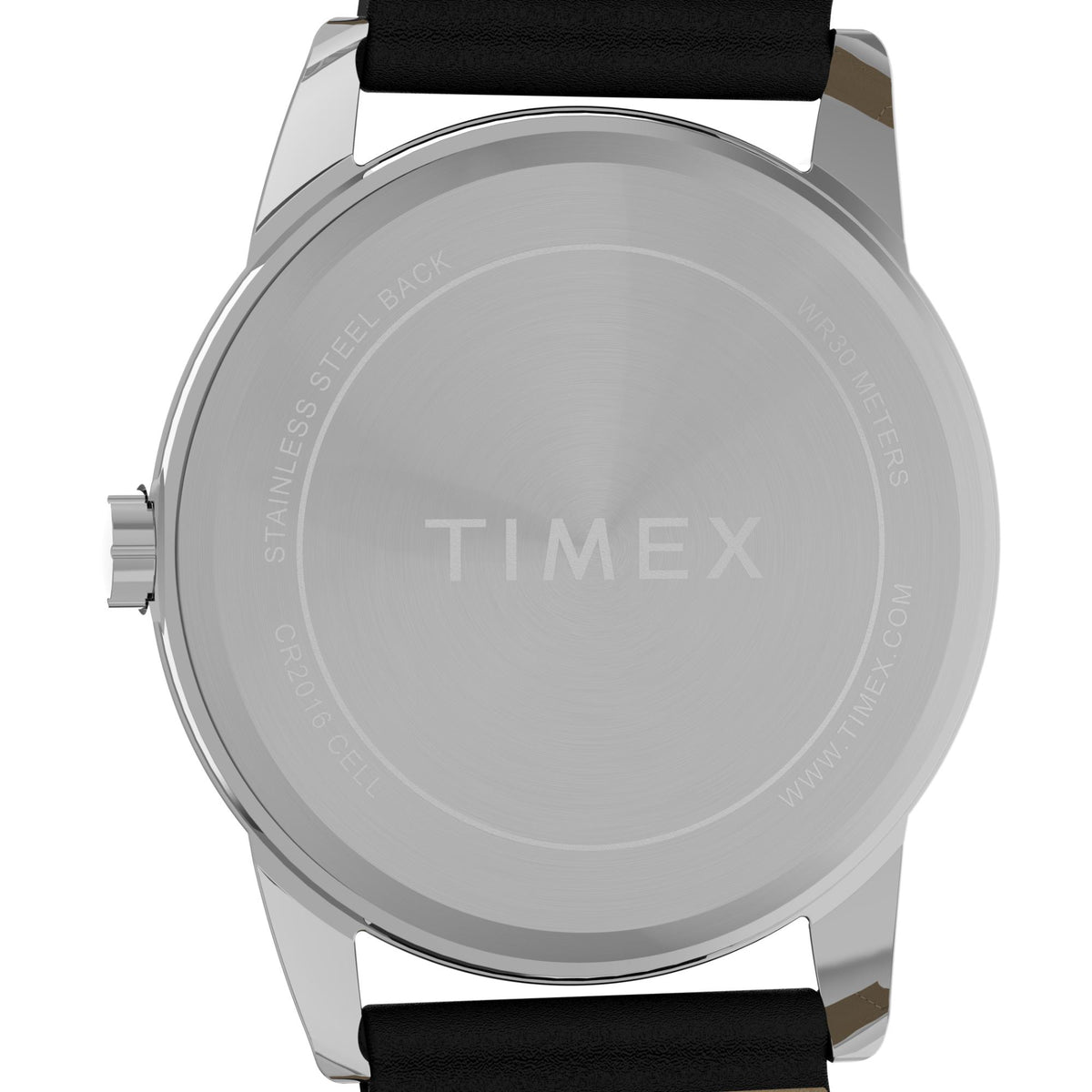 Quartz watch case back in silver tone with black leather strap, embossed TIMEX