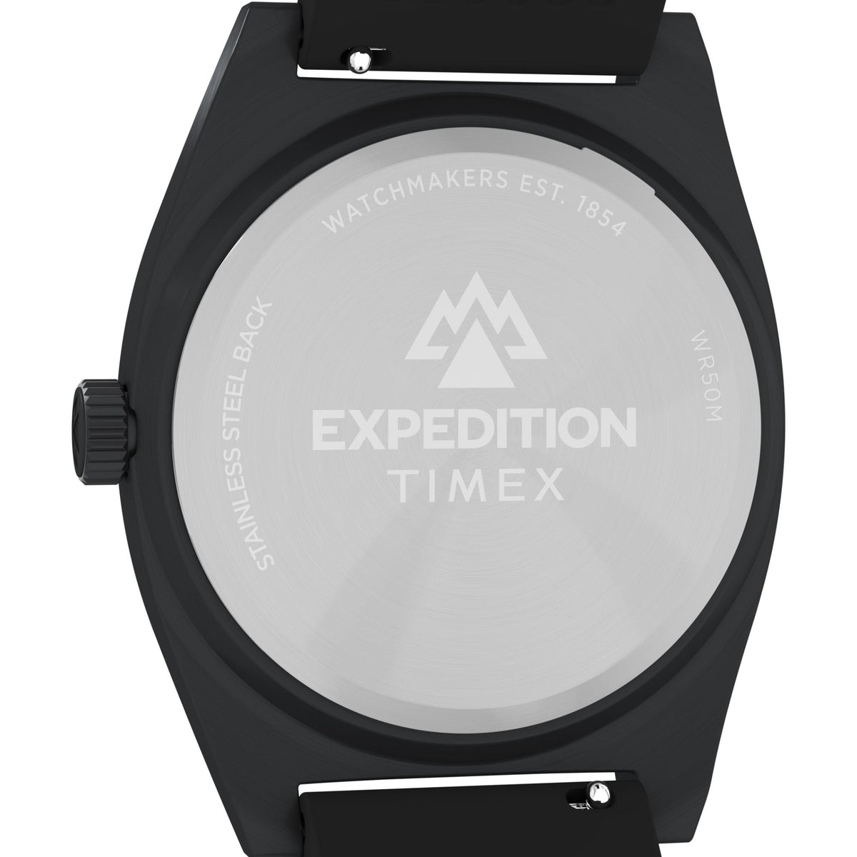 Timex Expedition stainless steel caseback on black quartz watch with silicone strap