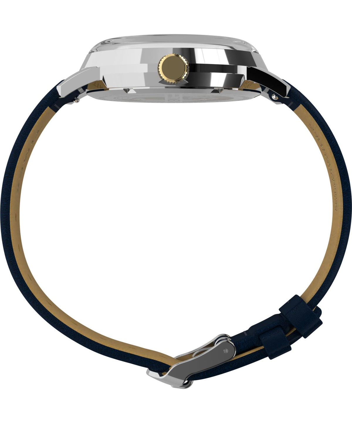 Men's quartz watch case and dark blue leather strap with gold crown