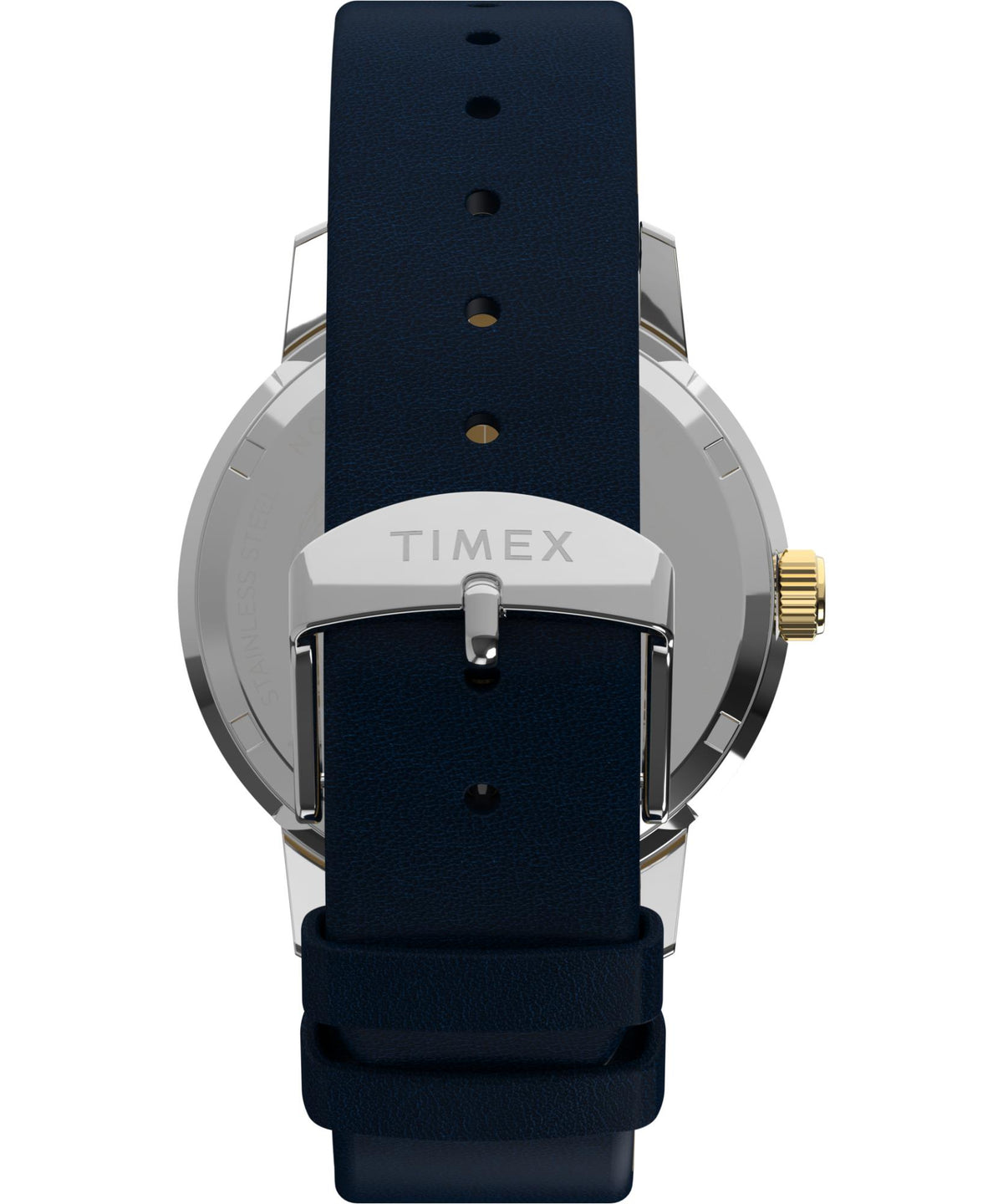 Men's quartz watch with dark blue leather strap and silver buckle clasp