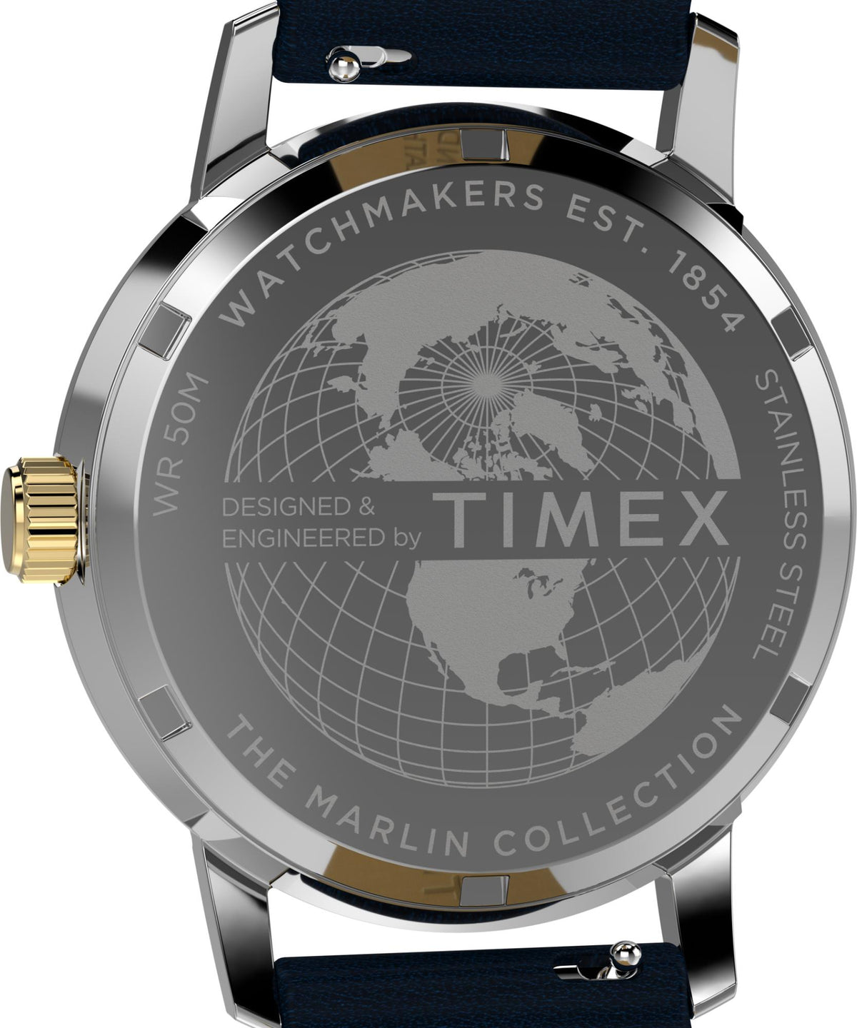 Men's quartz watch case back with engraved text and world map design
