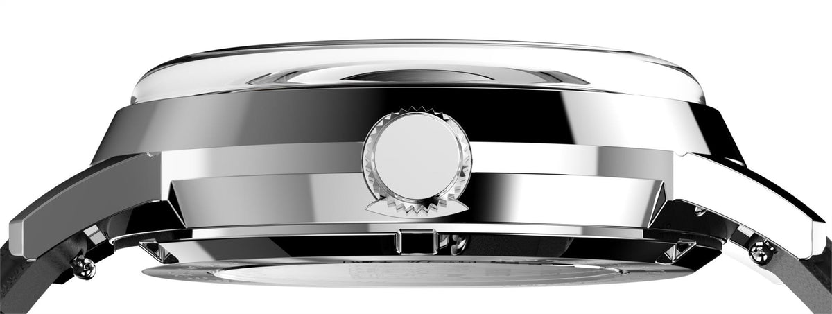 Timex Peanuts watch side profile with silver crown and black leather strap