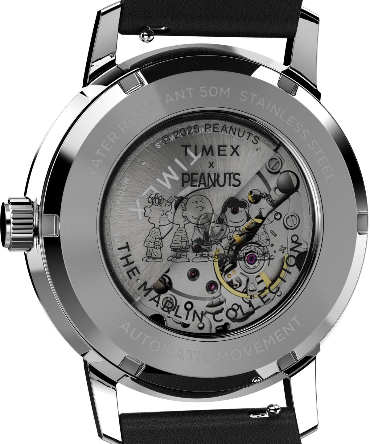 Timex Peanuts watch case back with Peanuts artwork and visible mechanical details