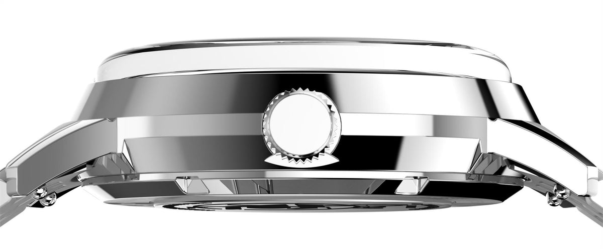 Silver steel watch with domed bezel and crown detail in close-up