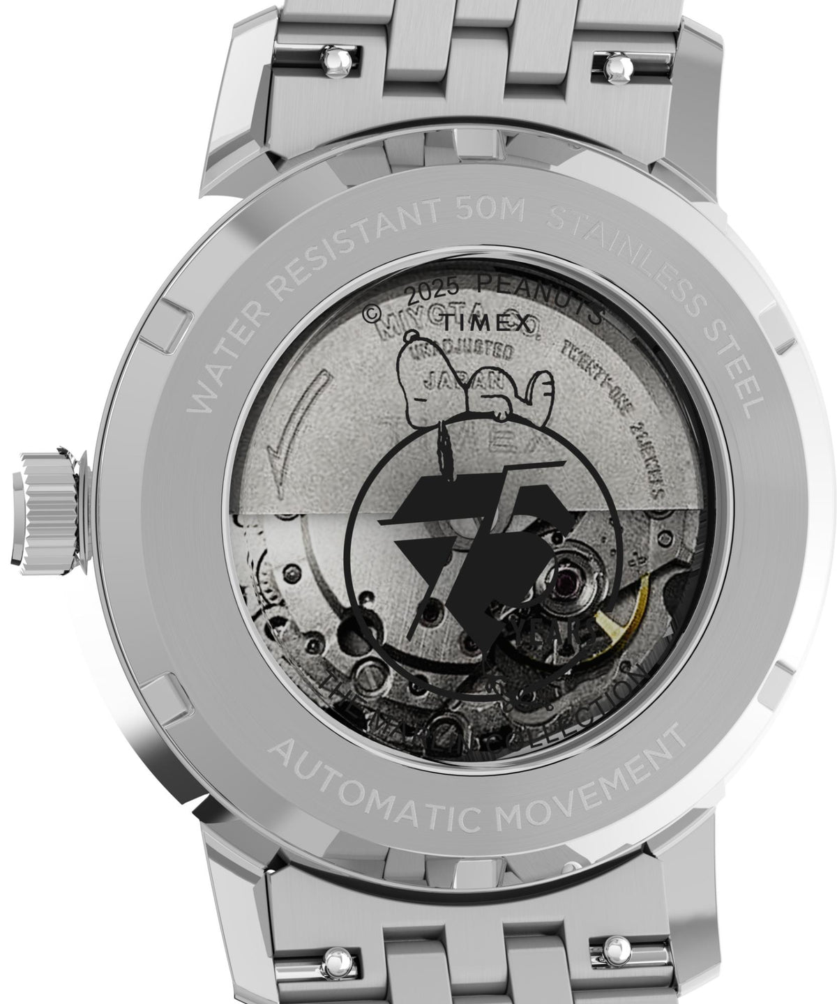 Silver steel automatic watch caseback with visible movement and Snoopy graphic