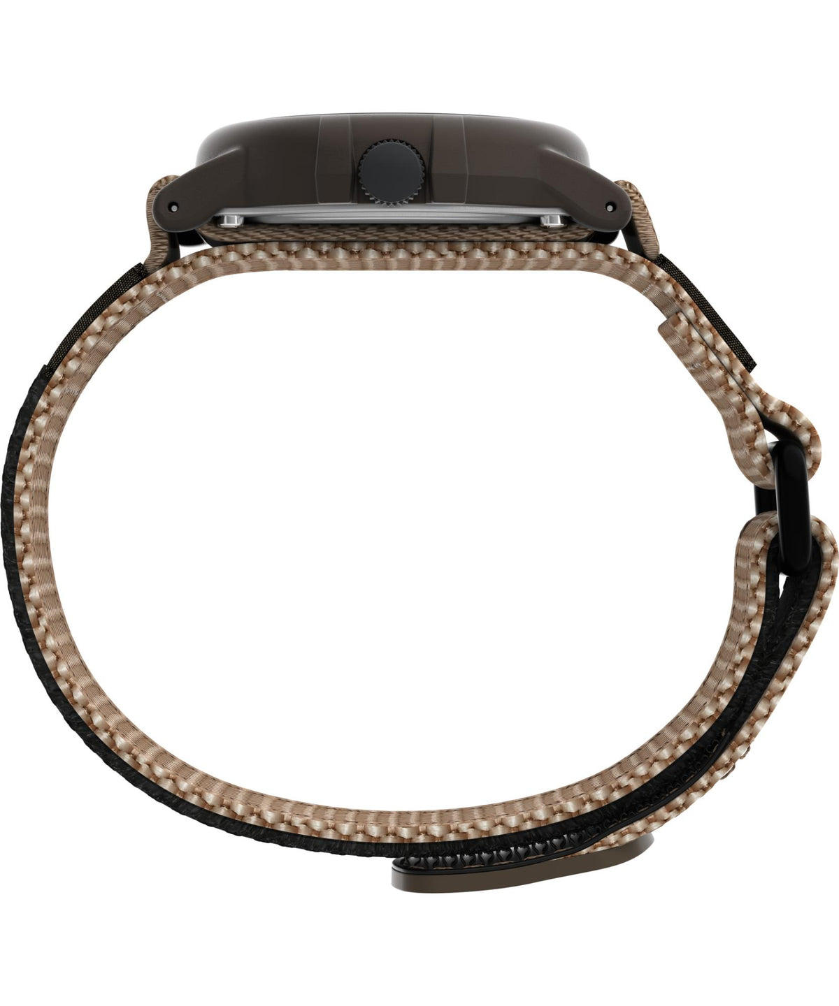 Men's quartz watch case with woven tan fabric strap and ridged side crown