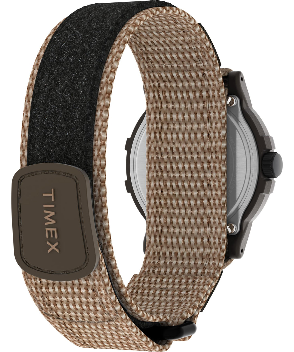 Men's quartz watch with woven tan strap, dark center band, and clasp
