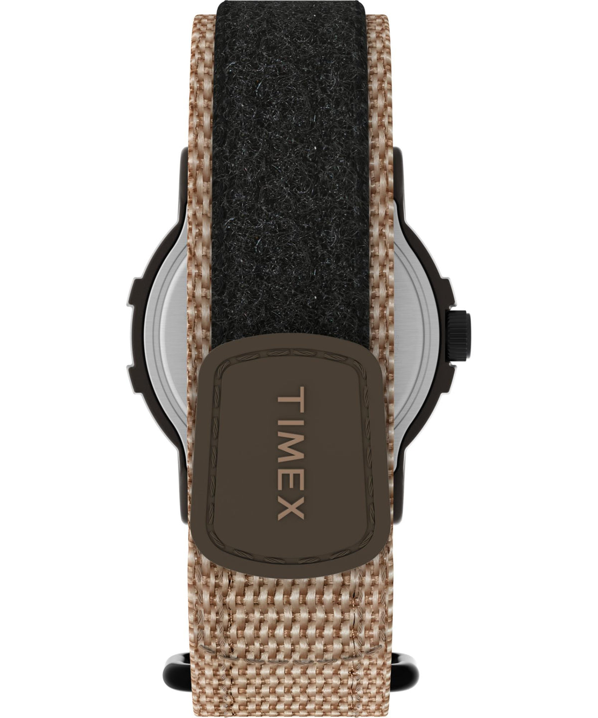 Men's quartz watch with woven tan strap and dark patch with Timex logo