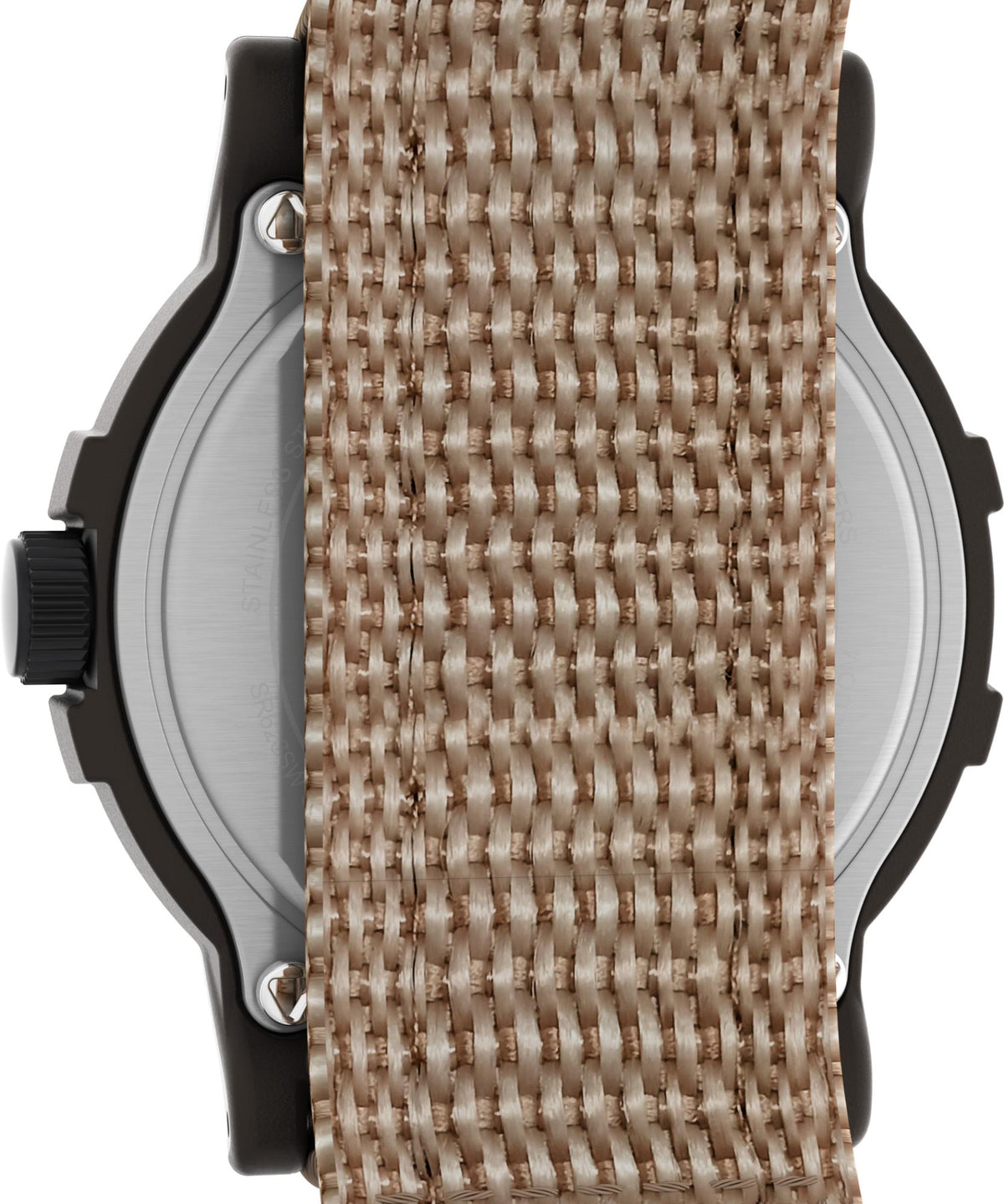Men's quartz watch side view with woven tan strap and silver-toned case