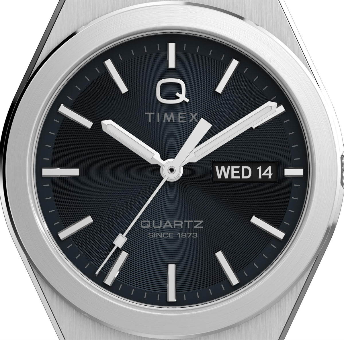 Timex men's quartz wristwatch with black dial, silver hands, and day/date window