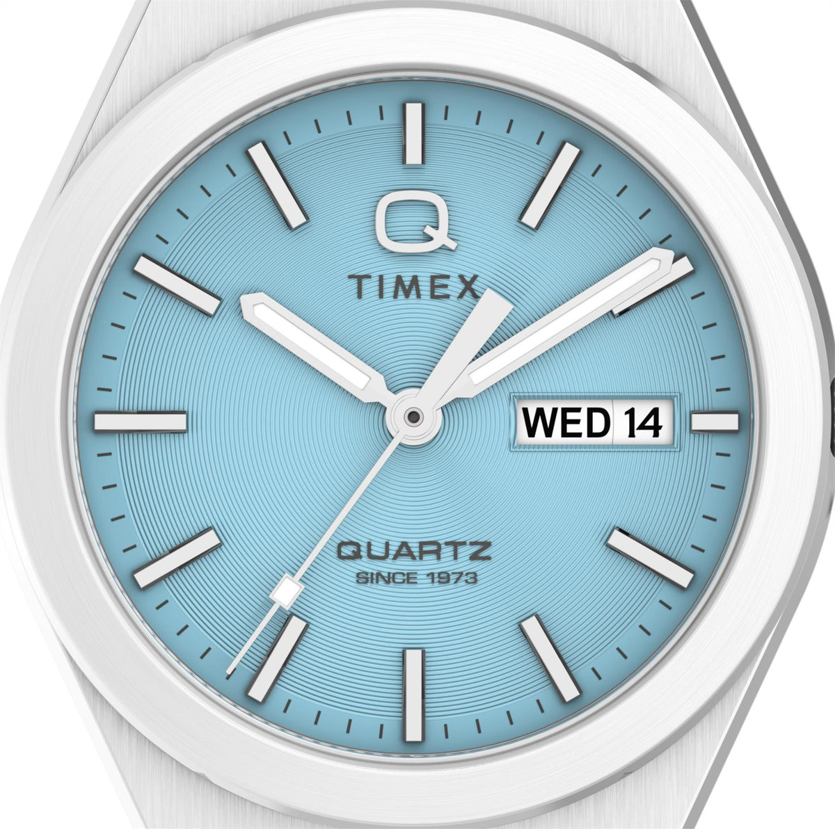 Timex men's quartz watch with blue dial, silver markers, and date window at 14