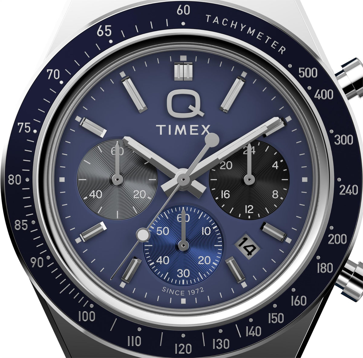 Blue dial chronograph quartz men’s watch with leather strap and silver case