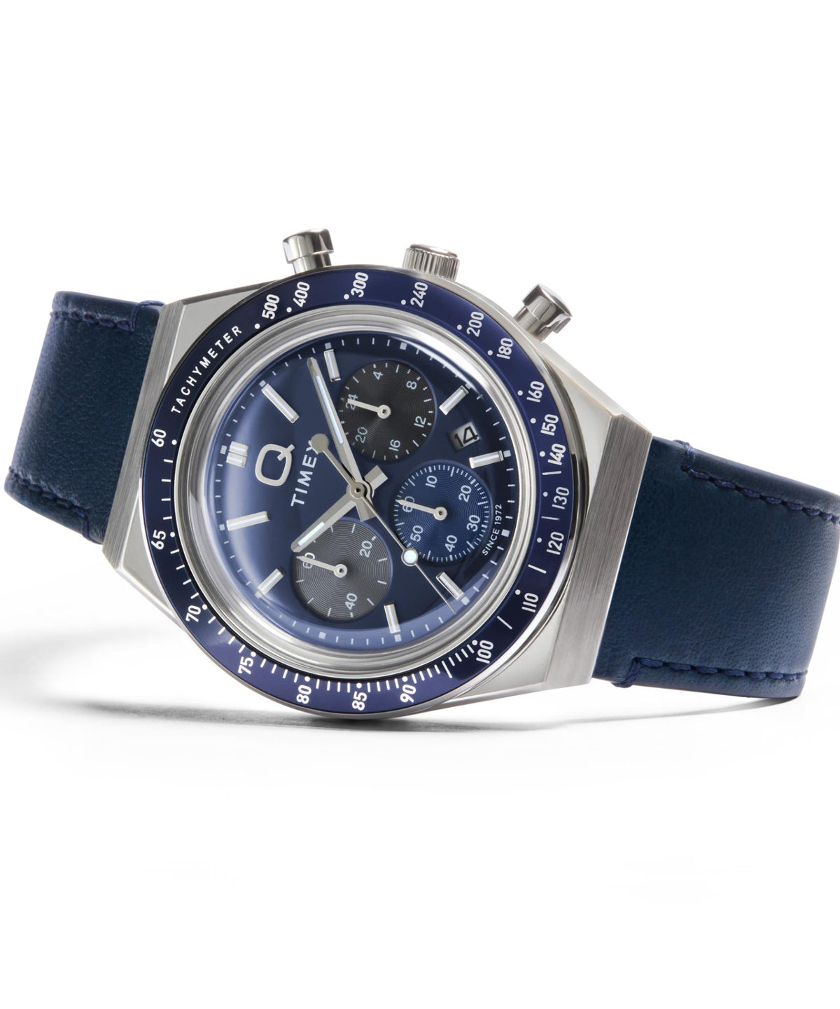 Timex Q Chronograph Quartz Blue Dial Leather Strap Men's Watch TW2Y36100 - WatchNation