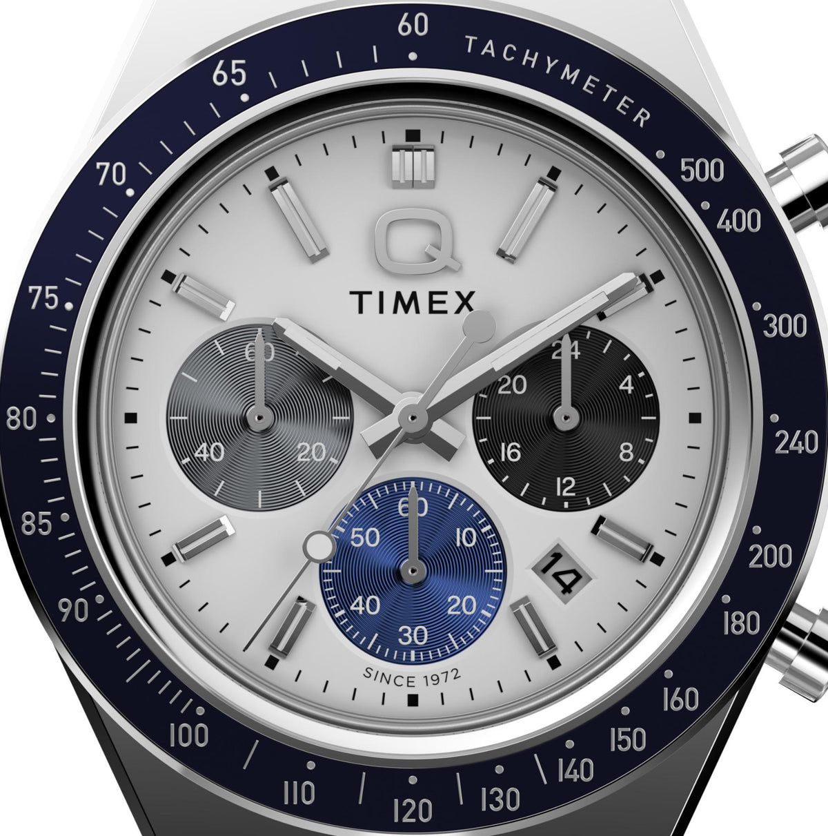 Timex Q TW2Y36200 white dial with three subdials, date display, and dark blue tachymeter bezel close-up