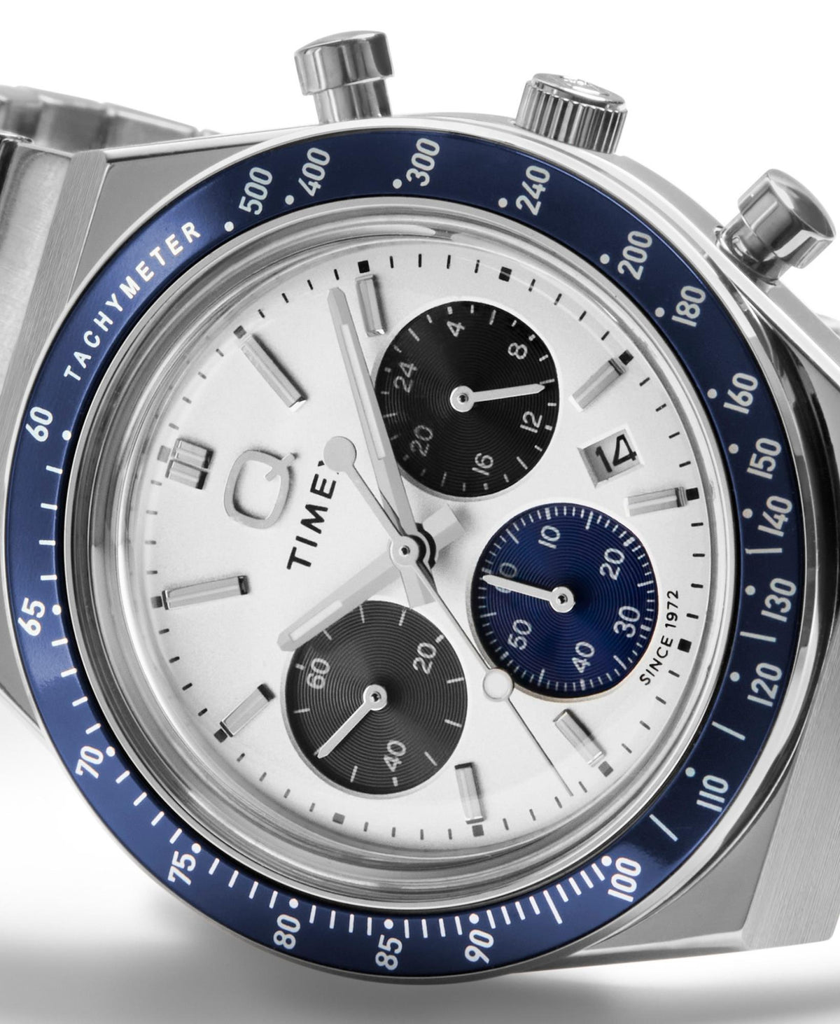 Timex Q 40mm Chronograph TW2Y36200 stainless steel watch three-quarters closeup angled view 
