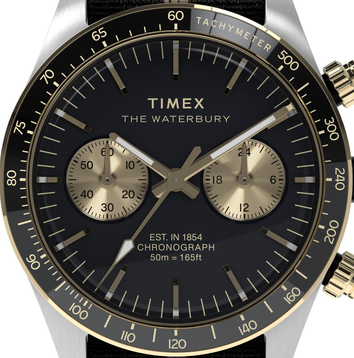 Timex Waterbury chronograph quartz watch with black dial and gold-tone subdials