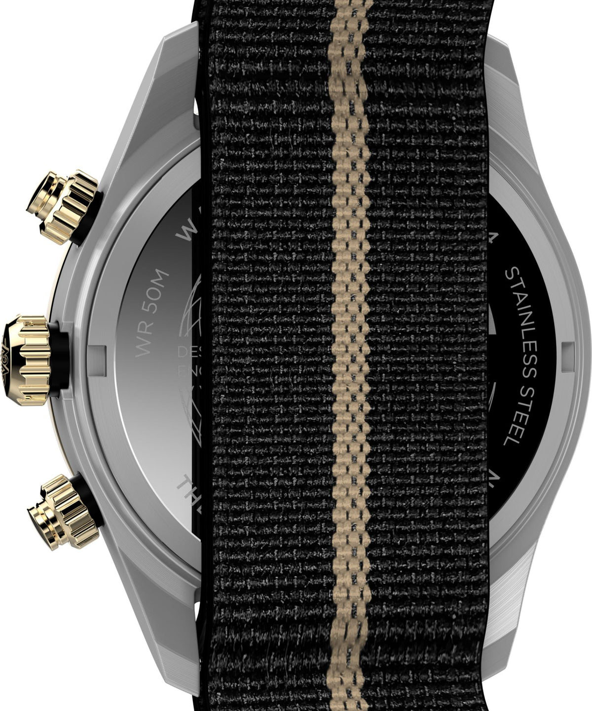 Stainless steel watch case with black fabric strap and gold-tone accents on sides