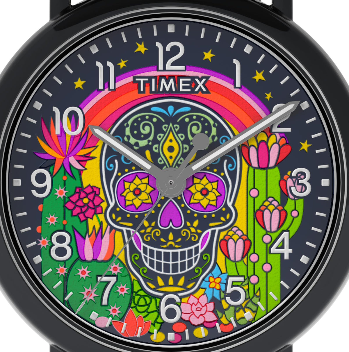 Timex Weekender 40mm quartz watch with colorful sugar skull dial and black hands
