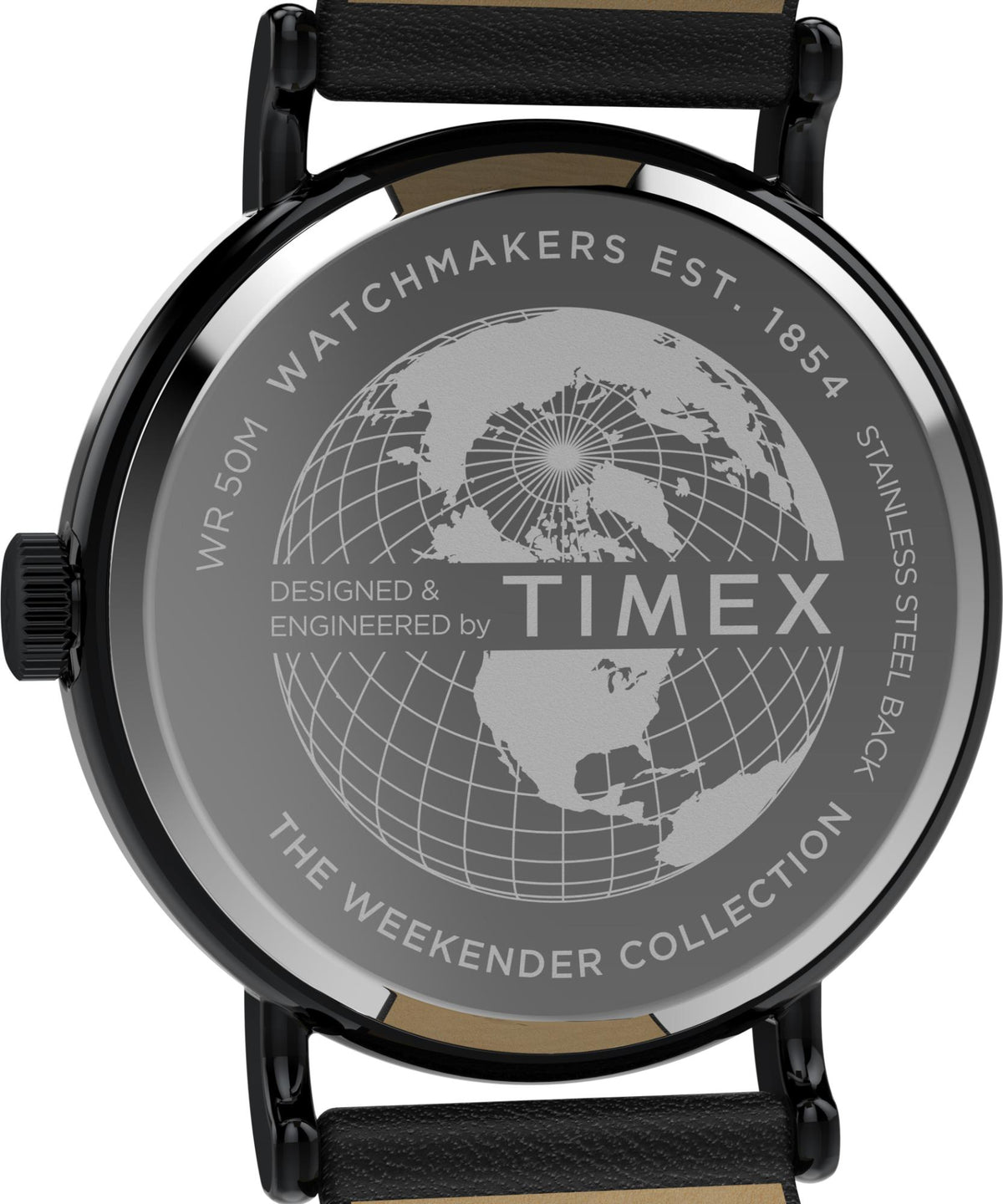 Timex Weekender 40mm quartz watch back with engraved globe text and Timex branding