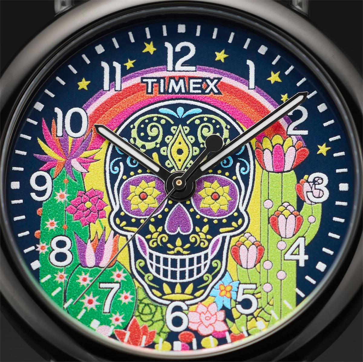 Timex Weekender 40mm quartz watch close-up with multicolor sugar skull dial