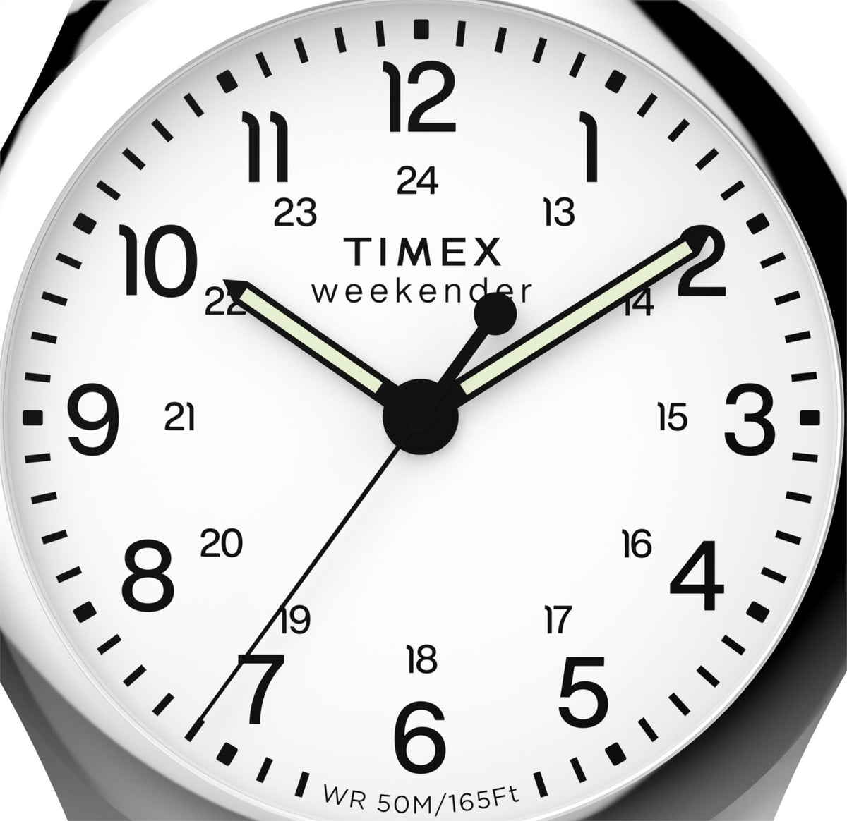 Men's Timex Weekender quartz wrist watch with white dial, black numerals, green hands