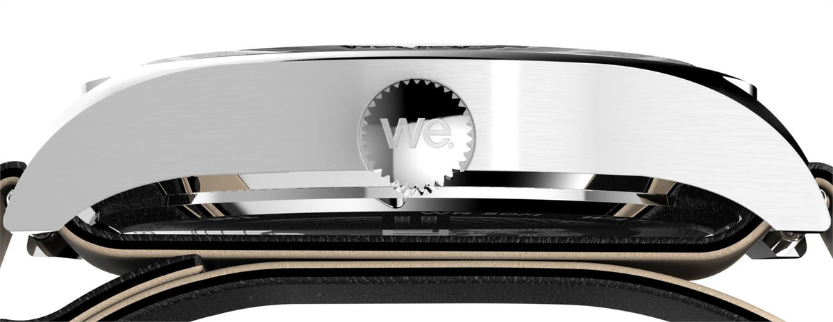 Men's watch case side view with crown, silver-tone finish, black leather strap