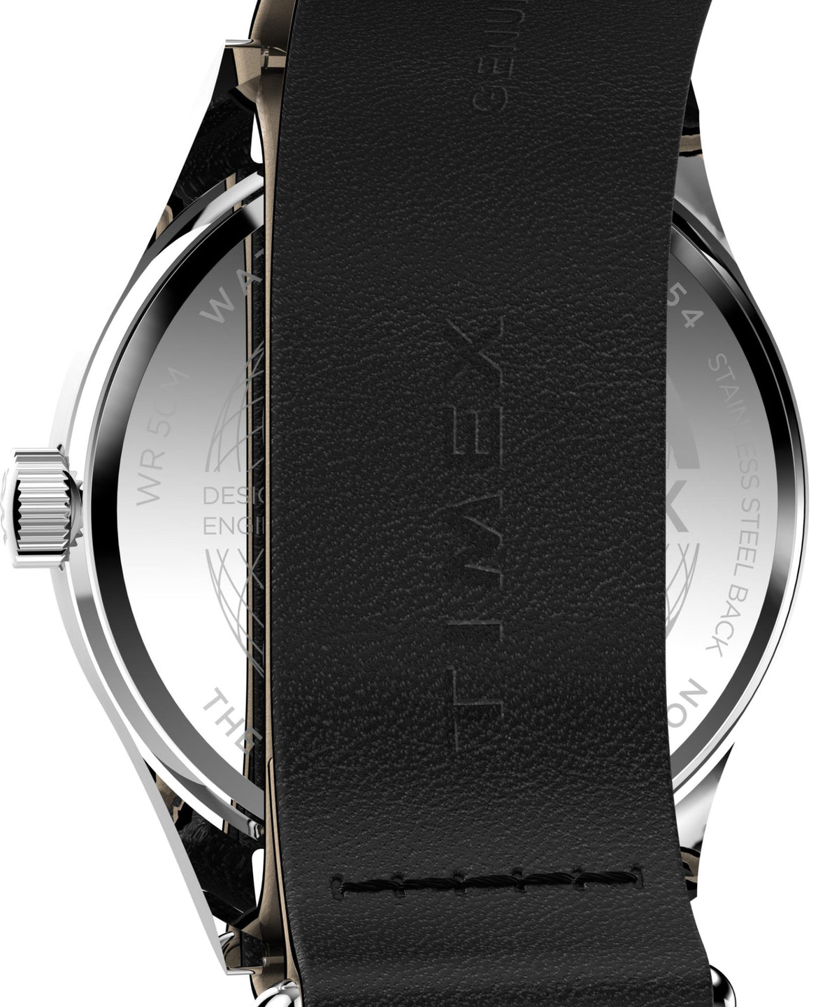 Men's quartz watch with black leather strap and silver-tone case, dial edge visible